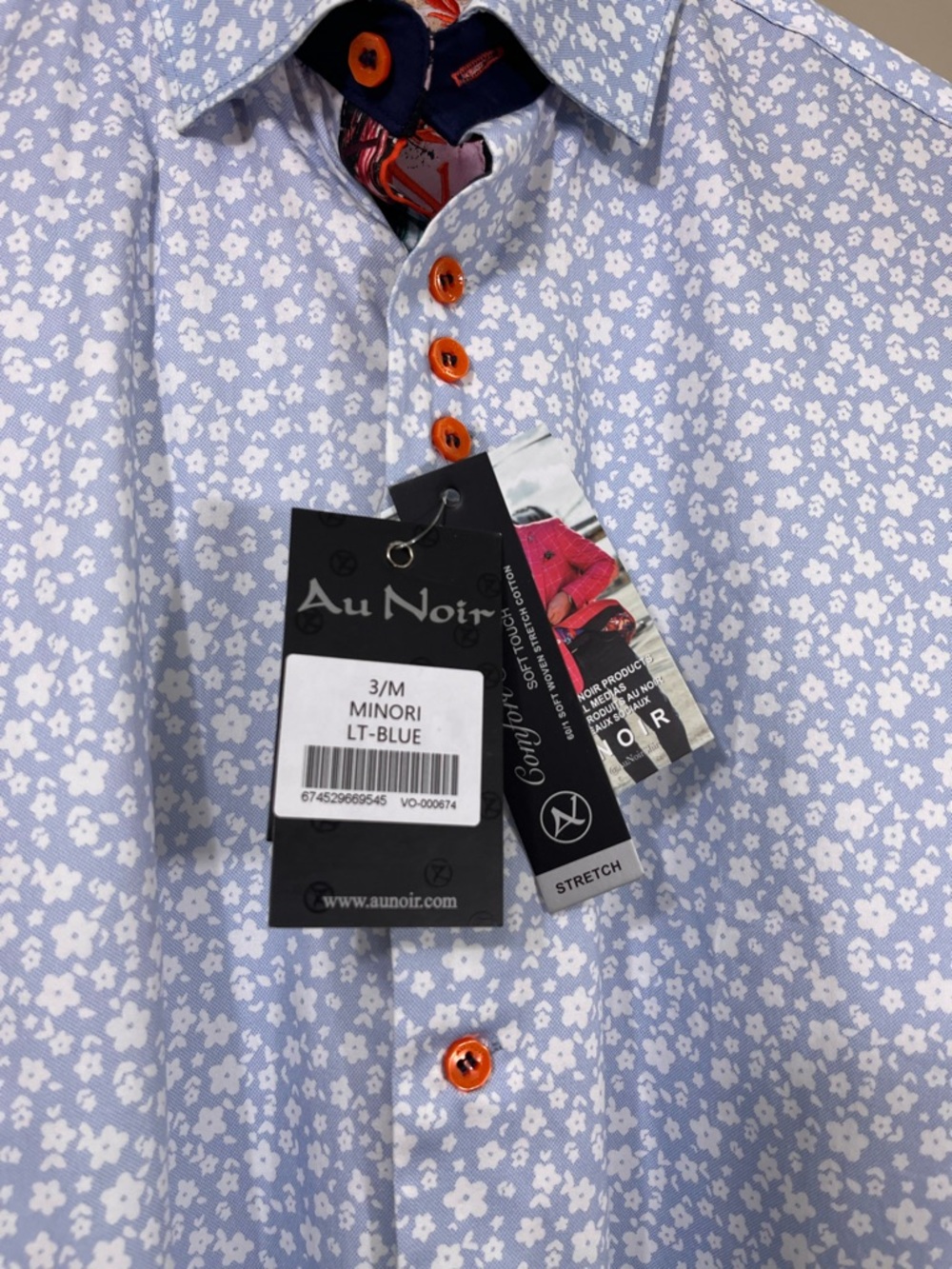 Au Noir Men’s Long Sleeve Light Blue Floral Dress Shirt. Size 3/Medium - Picture 9 of 12